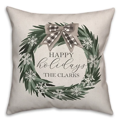 Personalized Happy Holidays Neutral Wreath Pillow