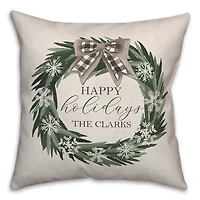 Personalized Happy Holidays Neutral Wreath Pillow