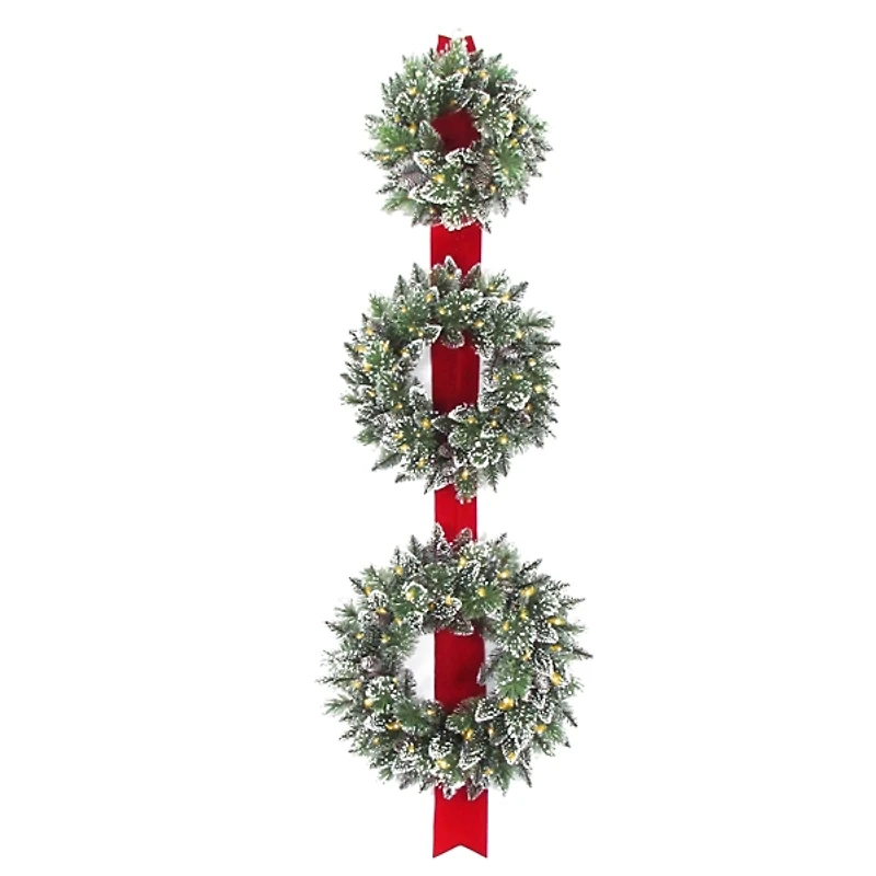LED Glitter Bristle Pine Triple Wreath Door Hanger