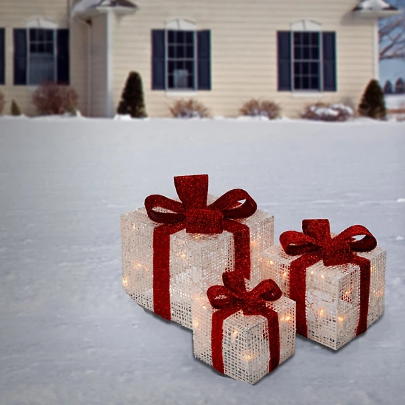 Pre-Lit White and Red Bow Gift Boxes, Set of 3