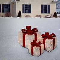 Pre-Lit White and Red Bow Gift Boxes, Set of 3