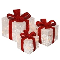 Pre-Lit White and Red Bow Gift Boxes, Set of 3