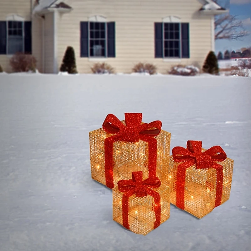 Pre-Lit Gold and Red Bow Gift Boxes, Set of 3