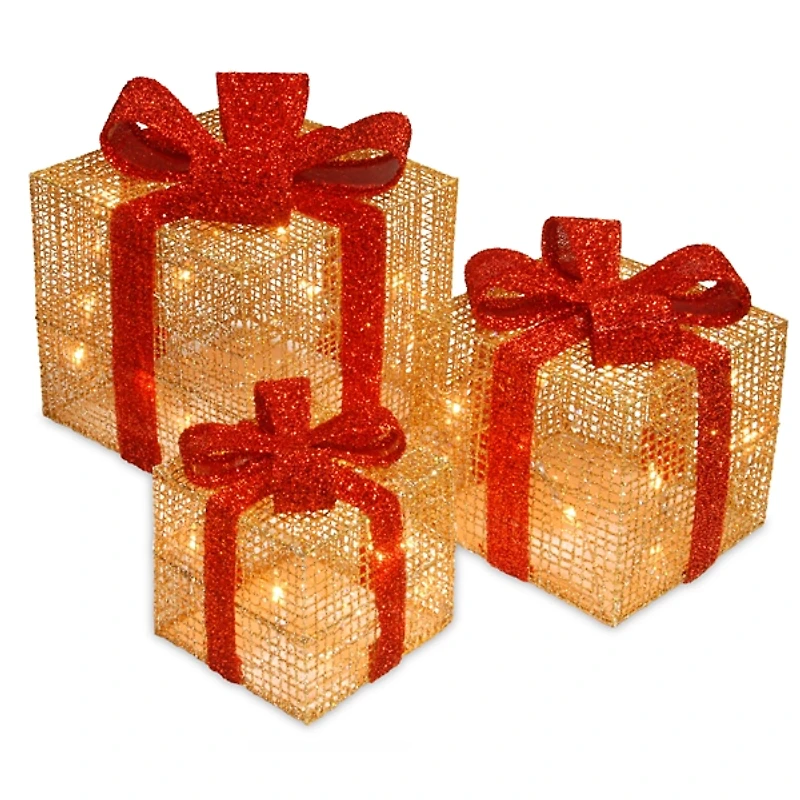Pre-Lit Gold and Red Bow Gift Boxes, Set of 3