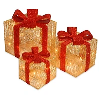 Pre-Lit Gold and Red Bow Gift Boxes, Set of 3