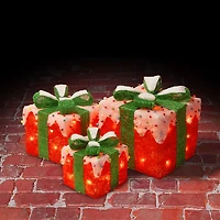 Pre-Lit Red Snowy Outdoor Gift Boxes, Set of 3