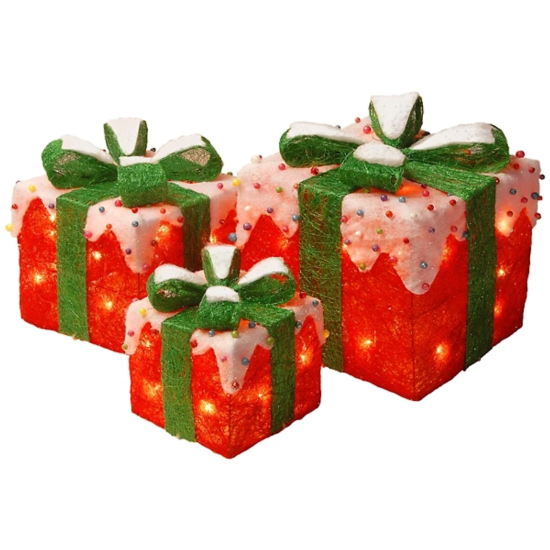 Pre-Lit Red Snowy Outdoor Gift Boxes, Set of 3