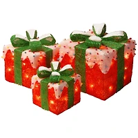Pre-Lit Red Snowy Outdoor Gift Boxes, Set of 3
