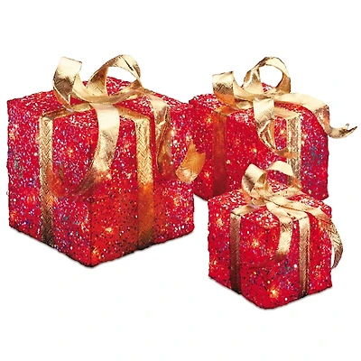 Pre-Lit Red Glitter Outdoor Gift Boxes, Set of 3
