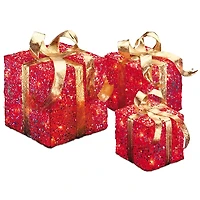 Pre-Lit Red Glitter Outdoor Gift Boxes, Set of 3