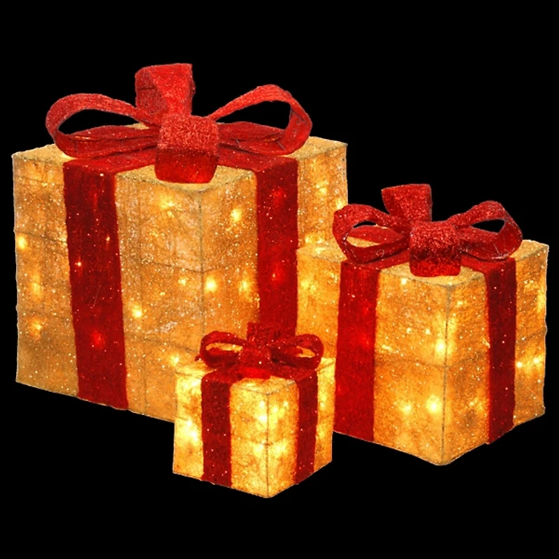 Pre-Lit Gold Outdoor Gift Boxes, Set of 3