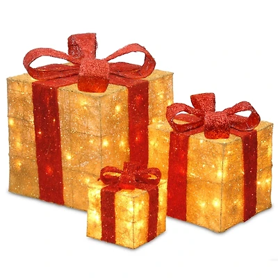 Pre-Lit Gold Outdoor Gift Boxes, Set of 3