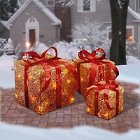 Pre-Lit Gold Glitter Outdoor Gift Boxes, Set of 3