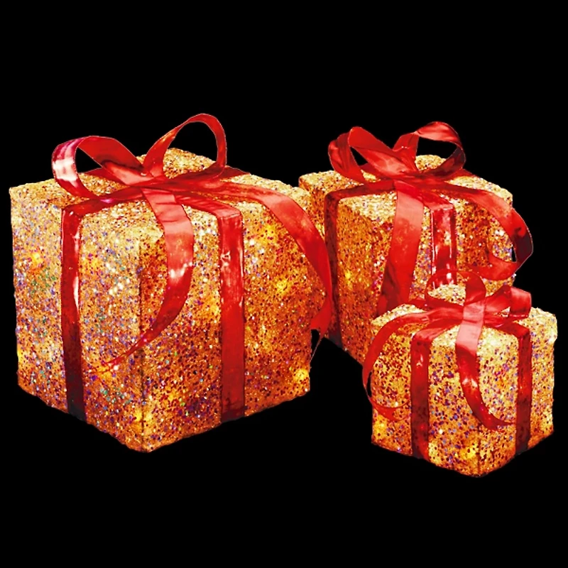 Pre-Lit Gold Glitter Outdoor Gift Boxes, Set of 3