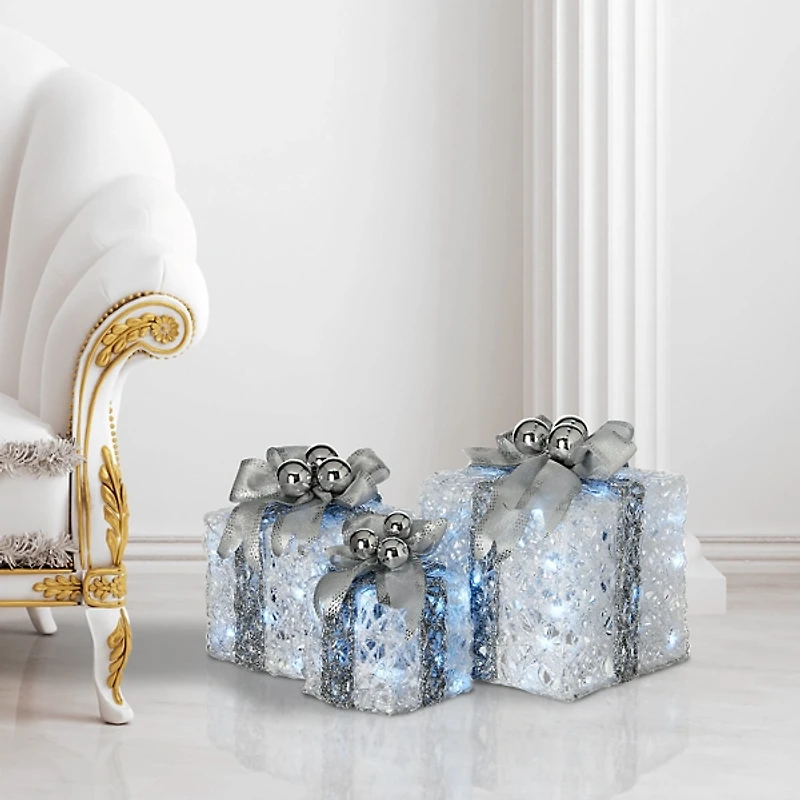 LED White Glitter Outdoor Gift Boxes, Set of 3