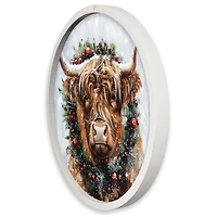 Round Highland Cow Christmas White Framed Print