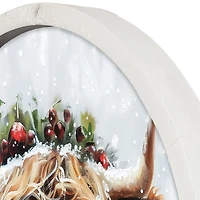 Round Highland Cow Christmas White Framed Print