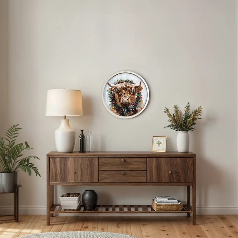 Round Highland Cow Christmas White Framed Print