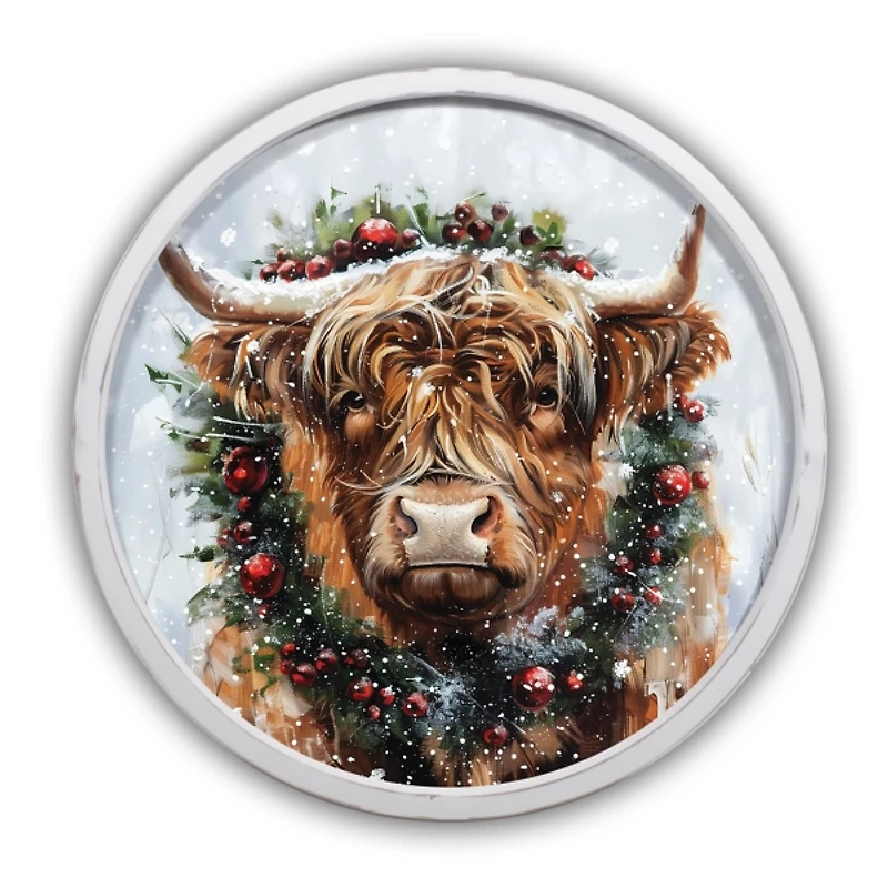 Round Highland Cow Christmas White Framed Print