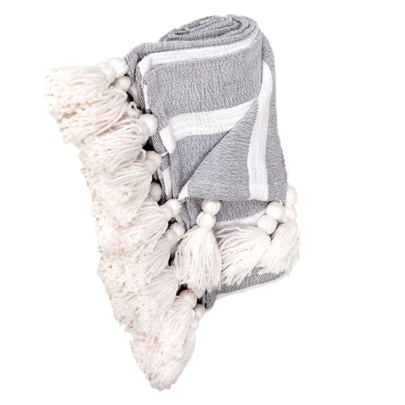 Gray and White Stripe Tassel Throw