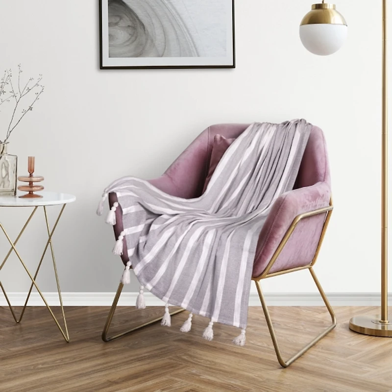 Gray and White Stripe Tassel Throw