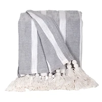 Gray and White Stripe Tassel Throw