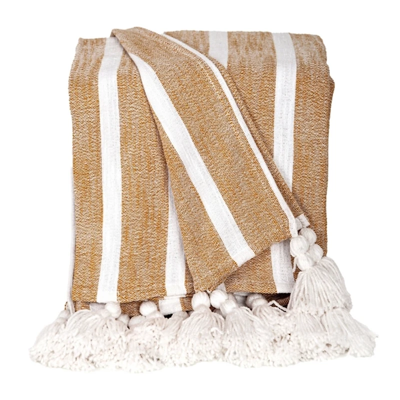 Mustard and White Stripe Tassel Throw