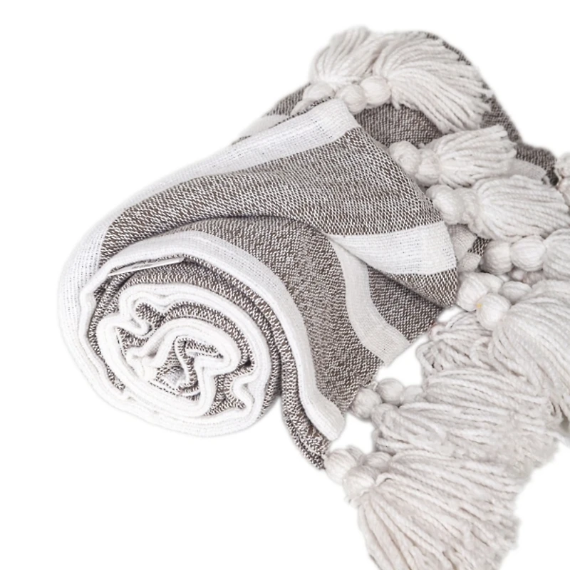 Charcoal and White Stripe Tassel Throw