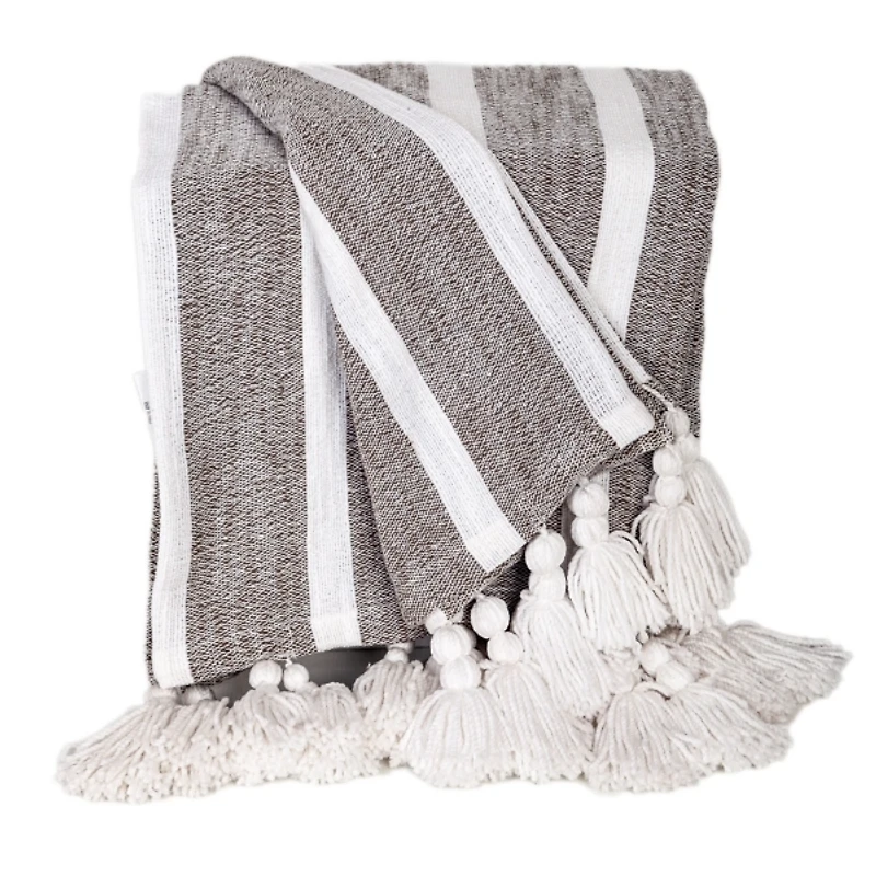 Charcoal and White Stripe Tassel Throw