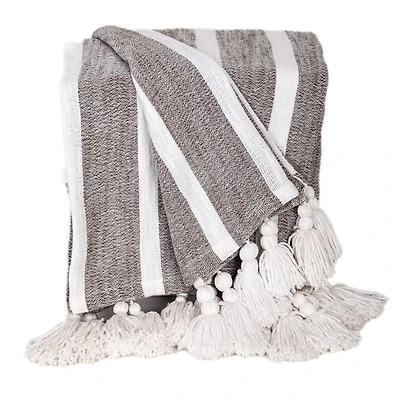 Charcoal and White Stripe Tassel Throw