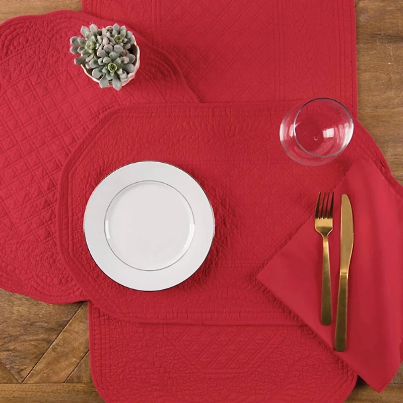 Round Red Quilted Cotton Placemats, Set of 6