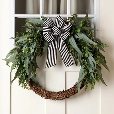 Black and White Striped Ribbon Eucalyptus Wreath