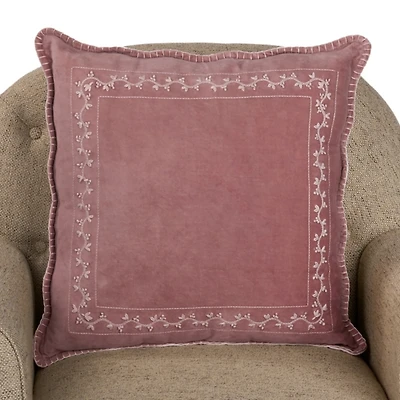 Mauve Velvet Embroidered Floral Border Pillow