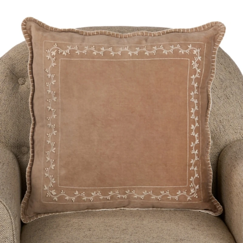 Taupe Velvet Embroidered Floral Border Pillow