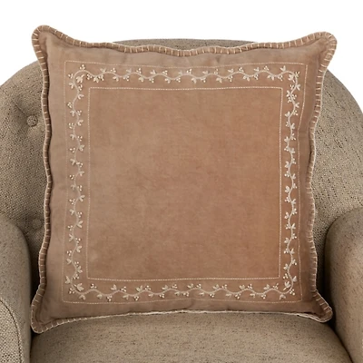 Taupe Velvet Embroidered Floral Border Pillow