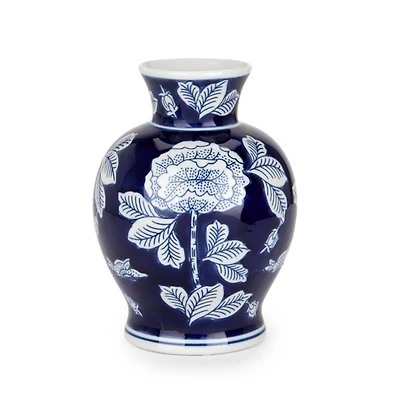 Round Navy and White Floral Vase
