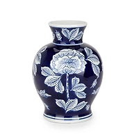 Round Navy and White Floral Vase