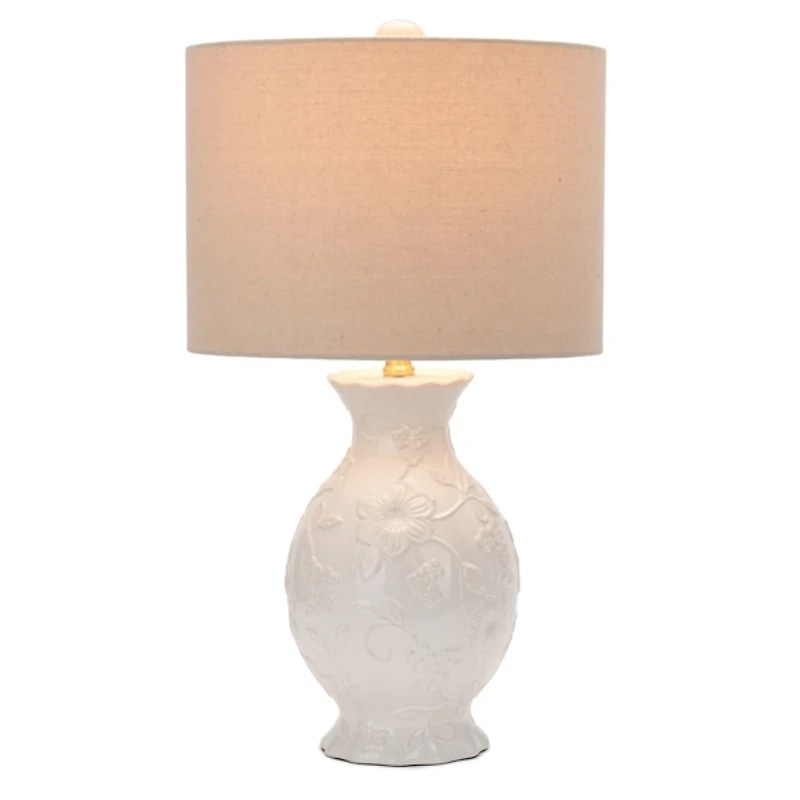White Embossed Floral Ceramic Table Lamp