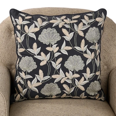 Midnight Blue Embroidered Floral Pillow