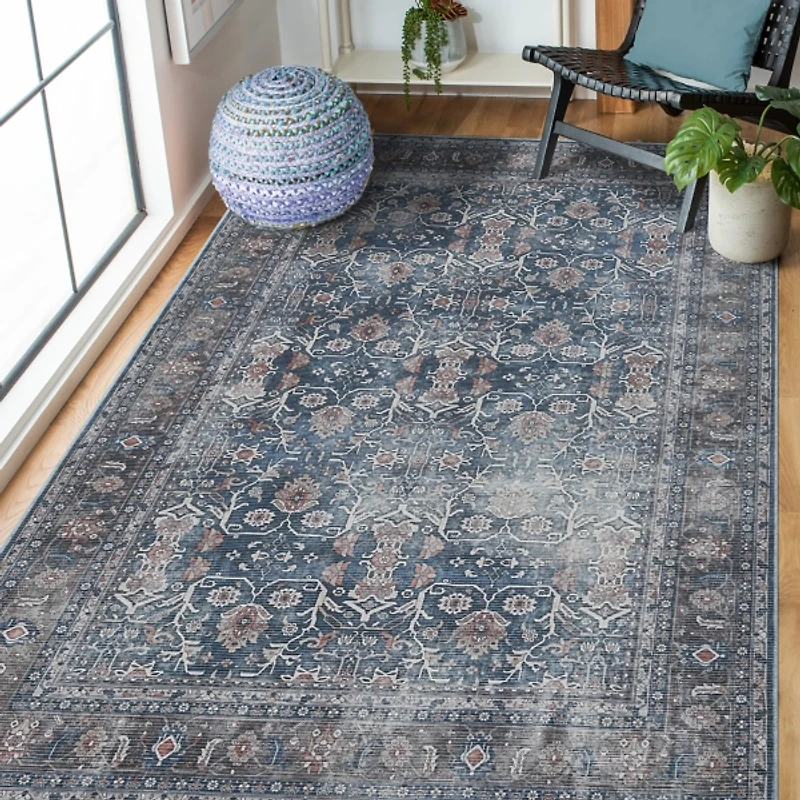 Blue Alaska Floral Washable Area Rug, 9x11