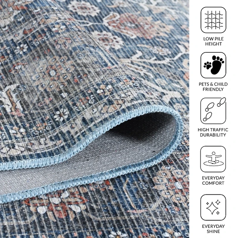 Blue Alaska Floral Washable Area Rug, 9x11