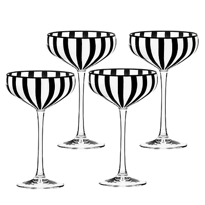 Black and White Stripe Coupe Glasses, Set of 4