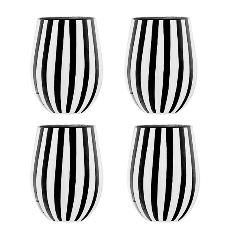 Black White Stripe Stemless Wine Glasses, Set of 4