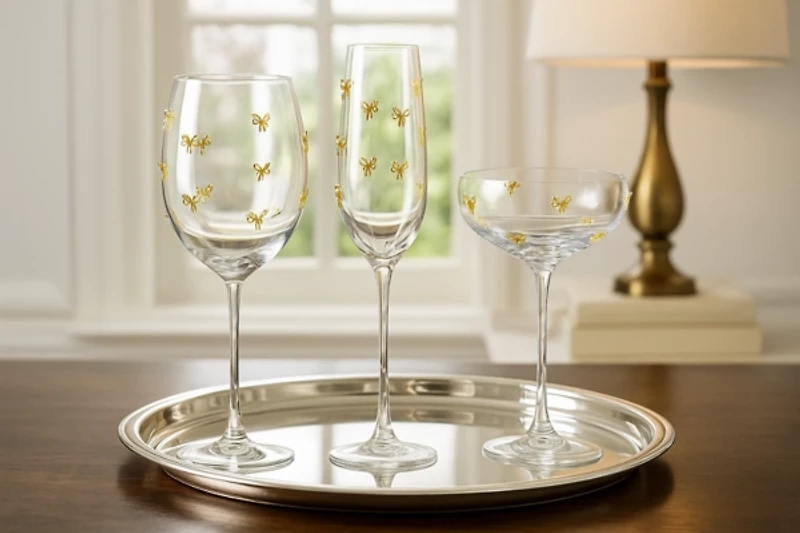 Gold Bow Charm Wine Glasses, Set of 4