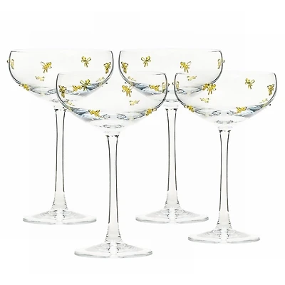 Gold Bow Charm Coupe Glasses, Set of 4