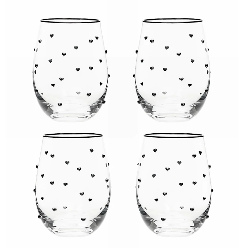 Charming Heart Stemless Wine Glasses, Set of 4