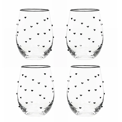 Charming Heart Stemless Wine Glasses, Set of 4