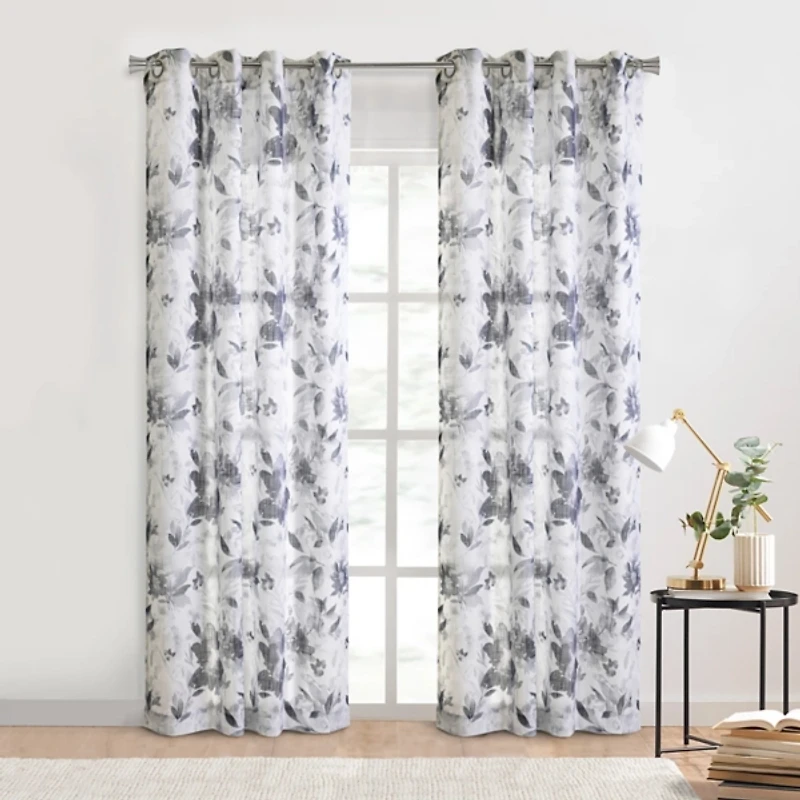 Nora Sheer Blue Floral Grommet Curtain Panel