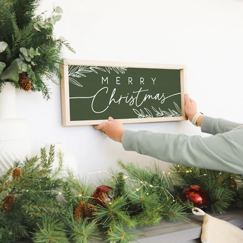 Green Merry Christmas Wood Framed Art Print