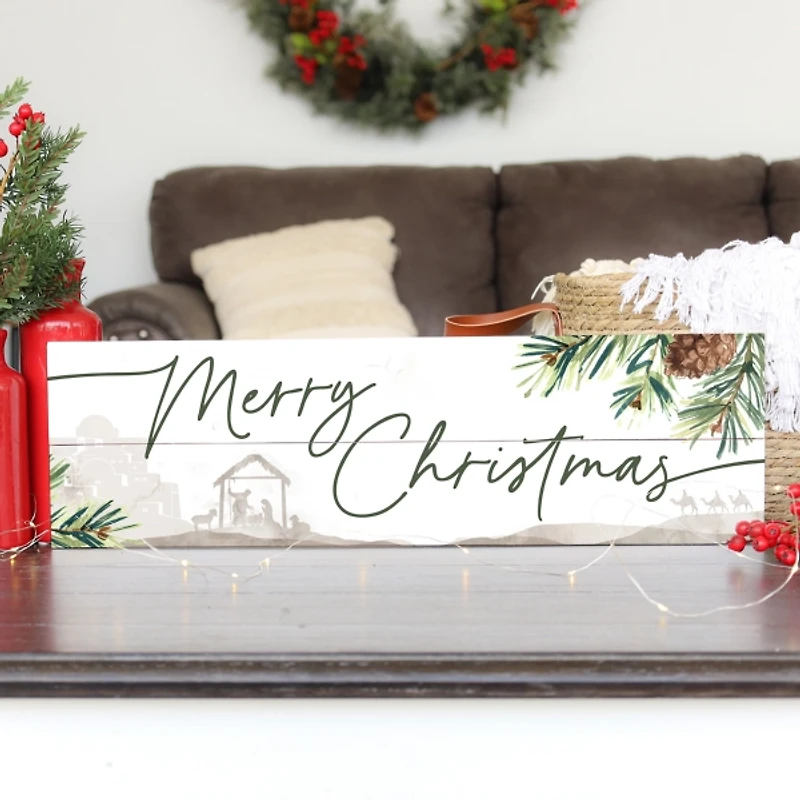 Merry Christmas Nativity Wood Art Print